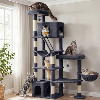 Grau mehrstufiger Kratzbaum mit Sisalstämmen, Höhle, Hängematte und hängendem Spielzeug, sechs Katzen, die in einem hellen Raum faulenzen und spielen.