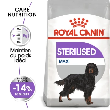 Sac de nourriture pour chiens Royal Canin Sterilised Maxi présentant une illustration de chien noir et marron, avec un texte soulignant le maintien du poids et -14% de calories.