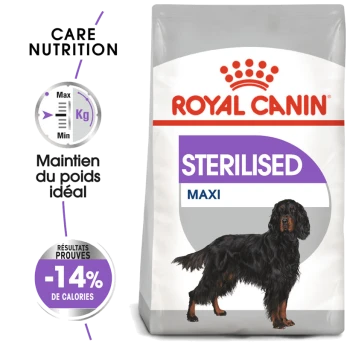 Sac de nourriture pour chiens Royal Canin Sterilised Maxi présentant une illustration de chien noir et marron, avec un texte soulignant le maintien du poids et -14% de calories.