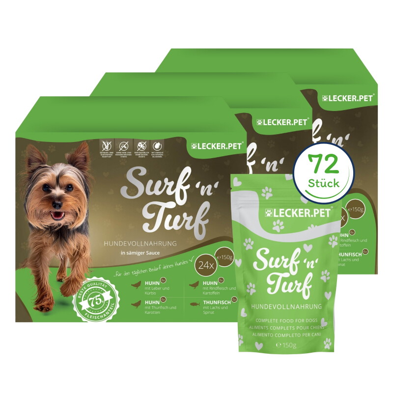 Lyra Pet Lecker.Pet Surf'n'Turf Pouches Hundefutter Nassfutter 4er Mix Multipack 72x150 g