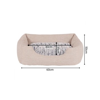 Hundebett mit einem beigen Äußeren und einem weichen grauen Innenraum, misst 60 cm x 50 cm, mit den Maßen: 40 cm Breite und 35 cm Höhe.