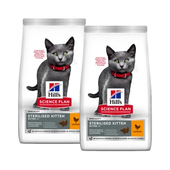 Sacs de nourriture sèche pour chatons stérilisés Hill's Science Plan Sterilised Kitten Chicken avec image d'un chaton gris et détails du produit.