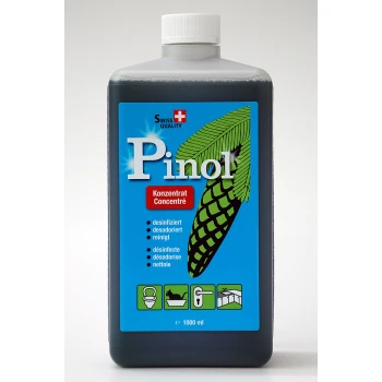 Pinol Reinigungs-Konzentratflasche (1000 ml) mit einem grünen Tannenzapfen-Design, gekennzeichnet für Desinfektion, Geruchsneutralisation und Reinigung.