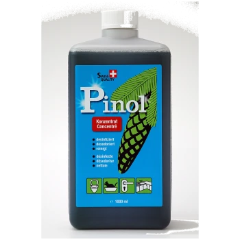 Bouteille de concentré de nettoyage Pinol (1000 ml) avec un design de cône de pin vert, étiquetée pour désinfecter, désodoriser et nettoyer.