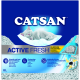 Emballage de litière pour chats présentant un chat blanc endormi, étiqueté "CATSAN ACTIVE FRESH," avec des détails sur le regroupement, la fraîcheur et le contrôle des odeurs.