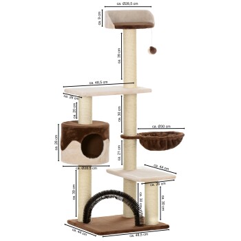 Katzenbaum mit mehreren Ebenen, Kratzpfosten und einem gemütlichen Versteck, mit Maßen für jedes Element.