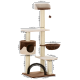 Katzenbaum mit mehreren Ebenen, Kratzpfosten und einem gemütlichen Versteck, mit Maßen für jedes Element.