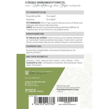 Flüssiges Ergänzungsmittel für Pferde, mit Dosierungsanweisungen für Pferde und Ponys, Zutatenliste und analytischen Komponenten.