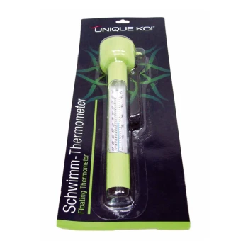Zielony pływający termometr w opakowaniu oznaczonym "Schwimm-Thermometer" od Unique Koi, wyświetlający skalę temperatury od 0 do 120°F.