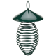 Grüner Metallvogelhaus mit spiralförmigem Design und einem kuppelförmigen Dach, das an einer Schlaufe oben hängt.