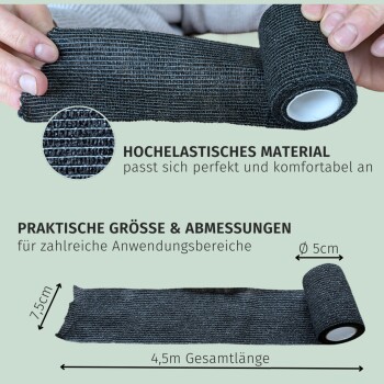 Eine Person hält eine Rolle aus hochelastischem schwarzem Bandagematerial, mit Text, der den Komfort und die praktische Größe (4,5 m Länge, 5 cm Durchmesser) hervorhebt.