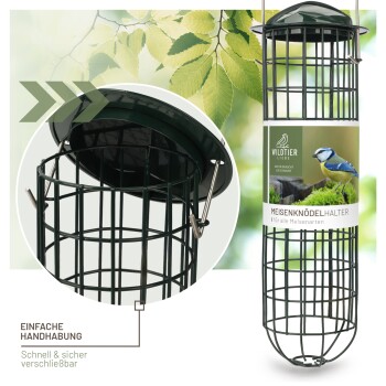 Grüner Metallvogelhäuschen für Fettbällchen mit abnehmbarem Deckel. Text: 'WILDTIER LIEBE MEISENKNÖDELHALTER' und 'EINFACHE HANDHABUNG.'