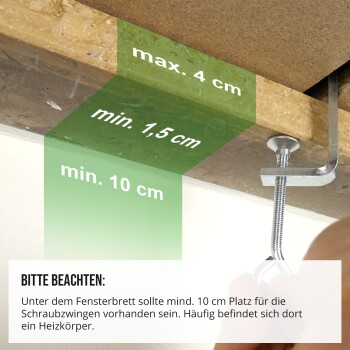 Klemme auf Holz mit Abstandsmaßen: "max. 4 cm", "min. 1,5 cm", "min. 10 cm". Deutscher Text empfiehlt 10 cm Abstand für Klemmen unter Fenstern.