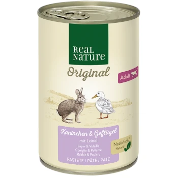 Dosen-Haustierfutter "Real Nature Original" für Erwachsene, mit Illustrationen von Kaninchen und Ente, beschriftet "Kaninchen & Geflügel mit Leinsamen."
