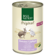 Dosen-Haustierfutter "Real Nature Original" für Erwachsene, mit Illustrationen von Kaninchen und Ente, beschriftet "Kaninchen & Geflügel mit Leinsamen."