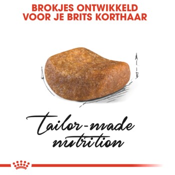 Hondenvoerbrokken ontworpen voor Britse Shorthair katten, met de tekst "Op maat gemaakte voeding" en een schets van de brokken.