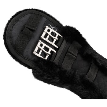 Schwarzes Haustiergeschirr mit plüschiger Fütterung, mit silbernen Schnallen und verstellbaren Riemen.