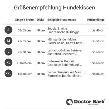 Ein braunes Hundebett mit der Aufschrift "Doctor Bark", mit Waschhinweisen, die besagen, dass es bis zu 95°C gewaschen werden kann und trocknergeeignet ist.