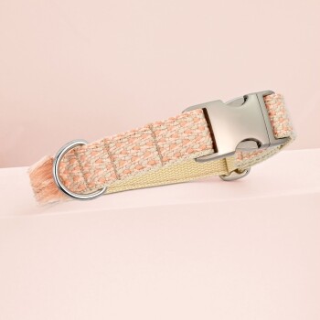Ein hellrosa Haustierhalsband mit einem gewebten Design, mit einer silbernen Schnalle und einem metallenen D-Ring zur Leinenbefestigung.