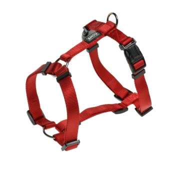 Harnais pour animaux rouge ajustable avec des clips noirs et un anneau en D pour attacher la laisse, conçu pour le confort et la sécurité.