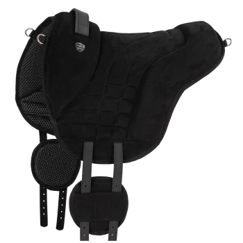 Schwarzes Wildleder-Sattelpad mit gestepptem Design und Netzfutter, mit verstellbaren Riemen und einem Logo-Emblem.