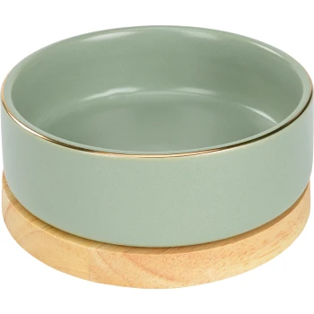 Stylowa zielona miska na karmę dla zwierząt z złotą krawędzią, spoczywająca na drewnianej podstawie.