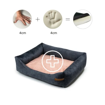 Ein plüschiges Haustierbett mit einem dunkelgrauen Äußeren und einem weichen rosa Inneren, das einen Handabdruck und ein Pluszeichen-Symbol zeigt, was Komfort und Unterstützung anzeigt.