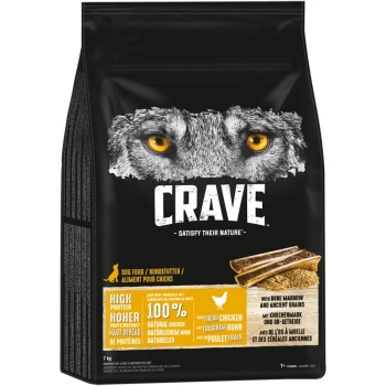 Zwarte hondenvoerzak met een wolf's gezicht, gelabeld "CRAVE" en de slogan "Satisfy Their Nature," met de nadruk op hoog eiwit en natuurlijke ingrediënten.