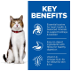 A tabby cat with a white belly and red collar sits beside a blue panel highlighting taurine, digestible ingredients, and vitamins for health.