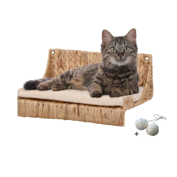Eine entspannte getigerte Katze liegt auf einem geflochtenen Katzenbett mit einem beigen Kissen, begleitet von zwei kleinen Spielbällen.