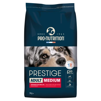 Pro-Nutrition Prestige Hundefuttertüte, Adult Medium 3 kg, Nahaufnahme eines Hundegesichts, gut sichtbare Schriftzüge 'PRO-NUTRITION' und 'PRESTIGE'.