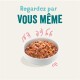Bol de nourriture pour animaux de compagnie rempli de viande hachée et de légumes, avec le texte 'Regardez par VOUS MÊME' au-dessus.