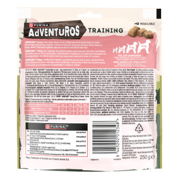 Wiederverschließbarer Beutel Purina AdVENTuROS Training Hundeleckerli mit Abbildung der Leckerlis und 250-g-Angabe.