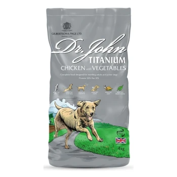 Hundefuttertüte mit der Aufschrift "Dr. John Titanium" mit einer Illustration eines laufenden Hundes, reich an Huhn und Gemüse, 25% Protein, 15% Fett, 15 kg.