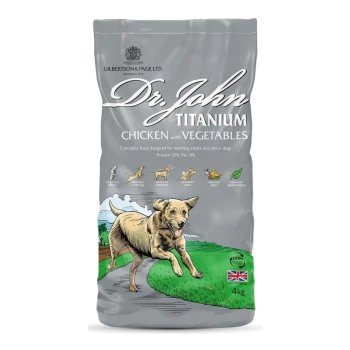 Hundefuttertüte mit der Aufschrift "Dr. John Titanium" mit einer Illustration eines laufenden Hundes, reich an Huhn und Gemüse, 25% Protein, 15% Fett, 15 kg.