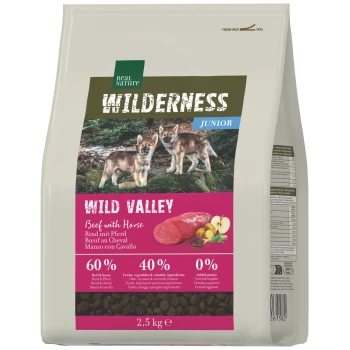 Beutel Real Nature Wilderness Junior 'Wild Valley' Hundefutter mit Wolfswelpen — 'Rind mit Pferd' 2,5 kg, 60% Fleisch, 40% Gemüse, 0% Getreide.