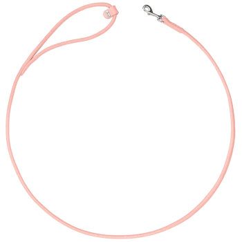 Hellrosa Seil-Hundeleine mit Schlaufenhandgriff und silbernem Karabiner, kleines weißes Etikett mit schwarzem Text in Griffnähe.