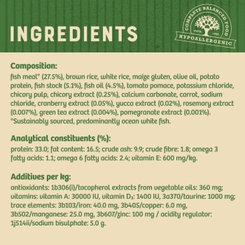 Ingredients list for hypoallergenic pet food per kg: fish meal, rice, vitamins, antioxidants, and analytical constituents.