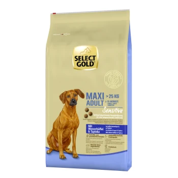 Select Gold Maxi Adult Hundefutterbeutel, geeignet für Hunde über 25 kg, mit der Kennzeichnung "Sensibel" und Zutaten wie Wasserbüffel und Tapioka.