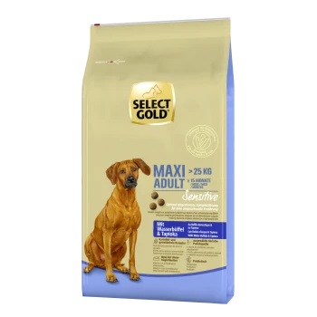 Select Gold Maxi Adult Hundefutterbeutel, geeignet für Hunde über 25 kg, mit der Kennzeichnung "Sensibel" und Zutaten wie Wasserbüffel und Tapioka.