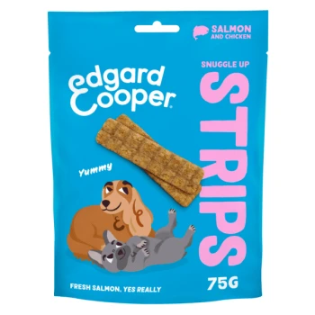 Edgard Cooper Snuggle Up Strips Haustierleckerliverpackung mit Lachs- und Hühnergeschmack, mit Cartoon-Hunden und dem Text "Lecker" und "75g".