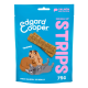 Edgard Cooper Snuggle Up Strips Haustierleckerliverpackung mit Lachs- und Hühnergeschmack, mit Cartoon-Hunden und dem Text "Lecker" und "75g".