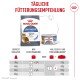 Royal Canin Light Weight Katzenfutter-Sack und -Dose mit deutschem Fütterungsdiagramm und Überschrift 'TÄGLICHE FÜTTERUNGSEMPFEHLUNG'