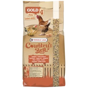 Sack Versele-Laga "Country's Best" GOLD 4 Hühnerfutter mit Henne, zwei Eiern und 5-kg-Angabe.