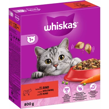 1+ Adult Trockenfutter 800g Whiskas Katzenfutterverpackung mit einer grauen Katze mit großen Augen, einer roten Schüssel mit Kibble und Text, der den Rindfleischgeschmack und die ernährungsphysiologischen Vorteile hervorhebt.
