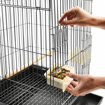 Eine Person, die einen Futternapf mit buntem Vogelfutter in einen Drahtvogelkäfig stellt, mit einer sichtbaren Holzstange im Inneren.