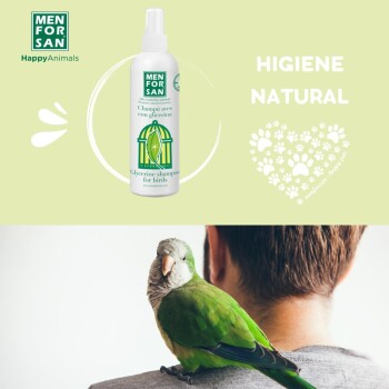 Glycerin-Shampoo für Vögel von Men For San, mit einem Papagei, der auf der Schulter einer Person sitzt, mit dem Text "Higiene Natural".