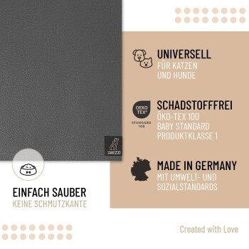 Grau Haustiermatte mit Logo, das besagt "Universell für Katzen und Hunde", "Frei von schädlichen Substanzen", "Hergestellt in Deutschland", "Leicht zu reinigen."