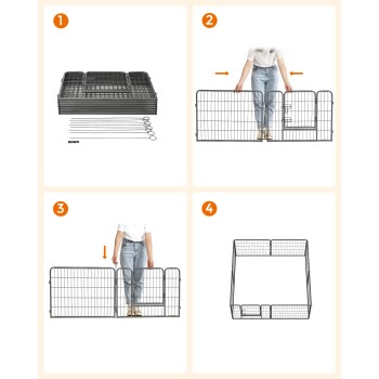 Schritt-für-Schritt-Anleitung zum Zusammenbauen eines Haustier-Spielzauns, mit einer Person, die den Aufbauprozess über vier Bilder demonstriert.