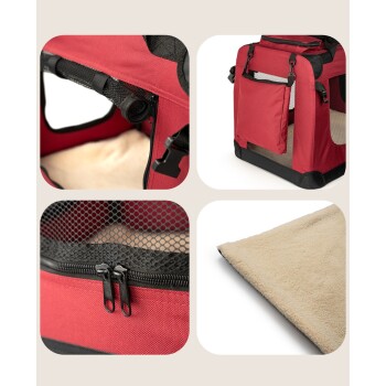 Rote Tragetasche für Haustiere mit Netzpaneelen, Reißverschlüssen und einem weichen beigen Fleece-Pad im Inneren, das mehrere Winkel und Details zeigt.